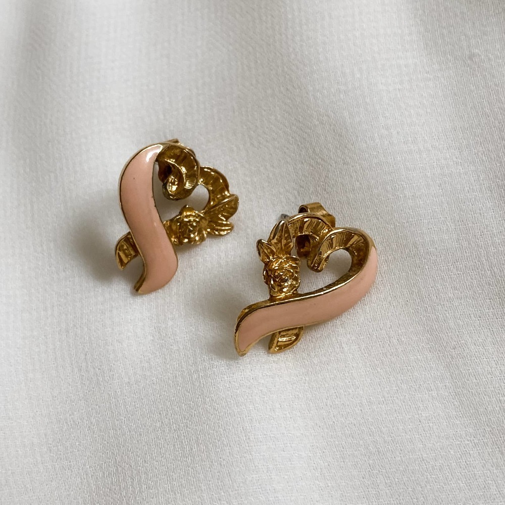 VTG Gold Baby Pink Heart Rose Earrings
